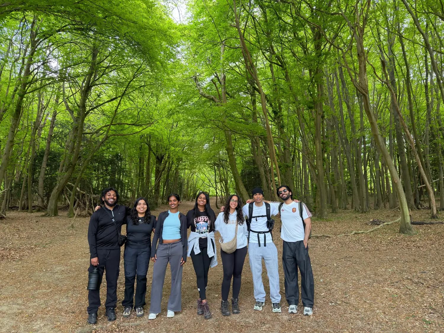 Seven friends standing arm in arm on a green woodland trail